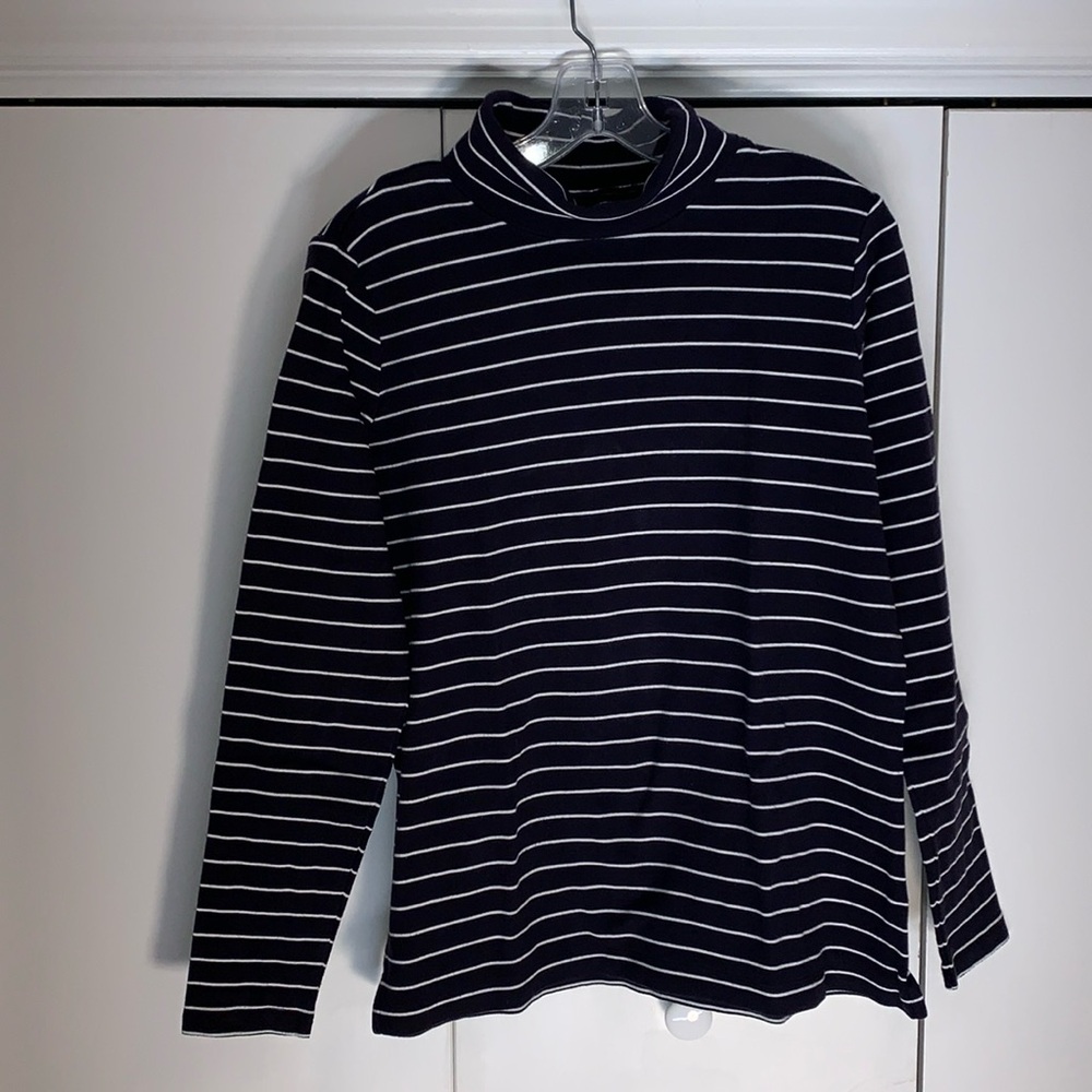 Lands' End 100% Supima Cotton Striped Turtleneck Long Sleeve Navy White Nautical
